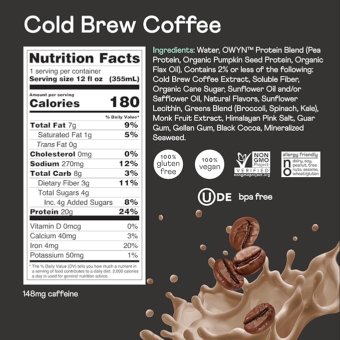 OWYN Only What You Need Vegan Plant Based Protein Shake, Cold Brew Coffee, 24 Pack, 148mg Caffeine, 20g Plant Protein, Omega-3, Prebiotic Supplements, Gluten-Free, Soy-Free, Non-GMO