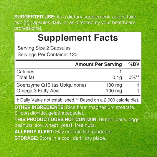 CoQ10 100mg, 240 Capsules – with Omega 3 Fatty Acid 100mg – Bioavailable Coenzyme Q10 Supplements – Heart, Energy, & Brain Health Antioxidant Support – Non-GMO