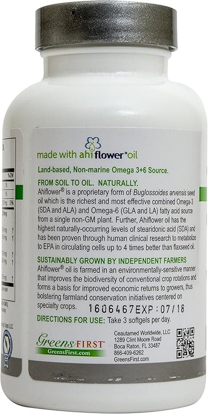 Greens First PRO Ahiflower Oil Vegan Omega-3-2250 mg - Contains Omega-3 Stearidonic Acid SDA - Gamma Linolenic Acid GLA - No Soy or Corn Oil - Non-GMO - 30 Day Supply