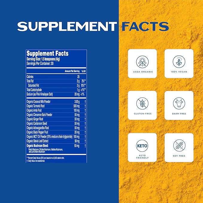 Earth Echo Golden Bliss, Organic Turmeric Superfood Elixir Blend with Ashwagandha Root, MCT Oil and 4 Mushroom Blend for Restful Sleep, Immune Support and Reduces Craving, Dairy-Free, 30 Servings