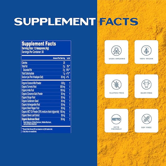Earth Echo Golden Bliss, Organic Turmeric Superfood Elixir Blend with Ashwagandha Root, MCT Oil and 4 Mushroom Blend for Restful Sleep, Immune Support and Reduces Craving, Dairy-Free, 30 Servings