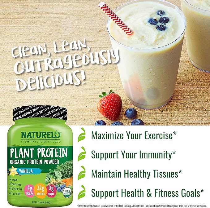 NATURELO Plant Protein Powder, Vanilla, 22g Protein 20 Servings