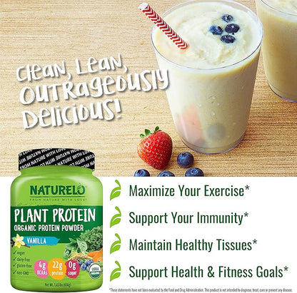 NATURELO Plant Protein Powder, Vanilla, 22g Protein 20 Servings