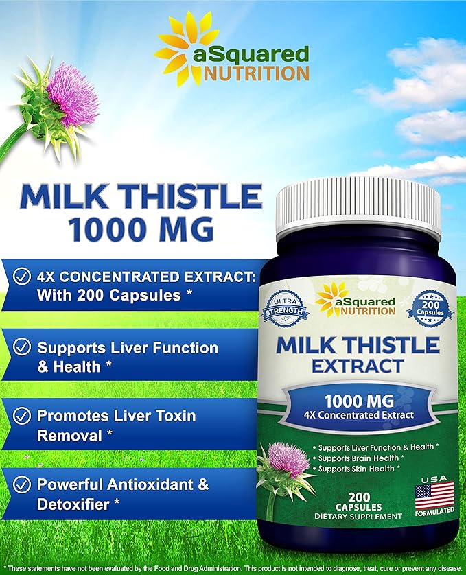 aSquared Nutrition Milk Thistle Supplement 1000mg-200 4X Concentrated 4:1 Milk 1000 mg