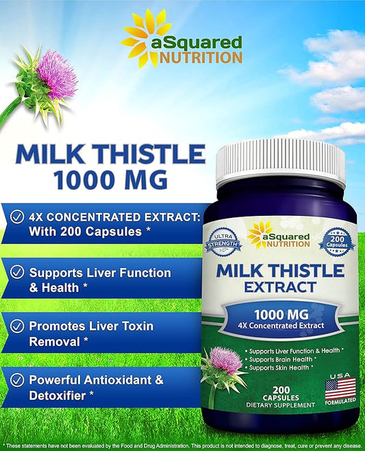 aSquared Nutrition Milk Thistle Supplement 1000mg-200 4X Concentrated 4:1 Milk 1000 mg