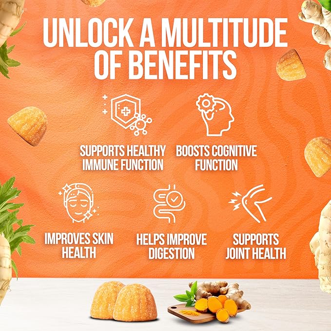 Turmeric Gummies for Adults - Extract 8:1 2000mg - Black Pepper and Ginger Supplements for Joint Support - Vegetarian Chewable Vitamins Supplement - Peach Flavor Gummy Chews - Pack of 2