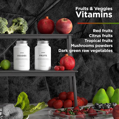Amen Fruits + Veggies Vitamins Bundle, Raw Whole Food Multivitamin Capsules, Greens Vegetables, Red Fruits & Berries Vegan Blend, Fibers + Phytonutrients Superfood Minerals Supplement, Non-GMO, 180 ct