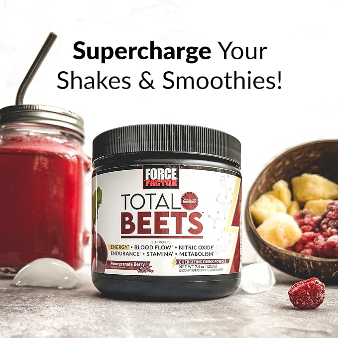 FORCE FACTOR Total Beets Beet Root Powder with Energy, NO3-T® Nitrates to Support Circulation, Blood Pressure, Blood Flow, and Stamina - Plus Green Tea Extract. A Superfood Supplement, 30 Servings