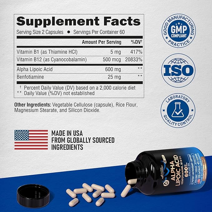 Alpha Lipoic Acid 600mg 4-in-1 with B1 & B12 - 120 Capsules, 2 Month
