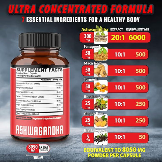 Ashwagandha Extract Capsules 8050mg 7 Herbs 90 Caps 3 Months