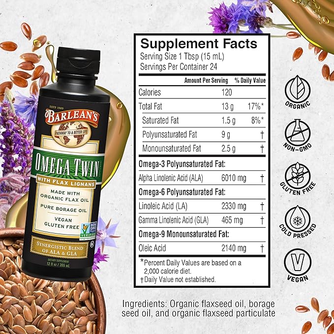Barlean's Omega Twin Liquid Flaxseed Oil 6,010mg ALA 465mg GLA 12 oz