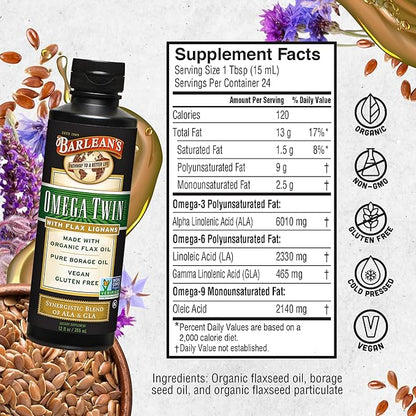 Barlean's Omega Twin Liquid Flaxseed Oil 6,010mg ALA 465mg GLA 12 oz
