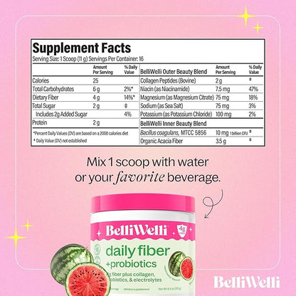 Daily Fiber Supplement Powder with Collagen, Probiotics & Electrolytes | Supports Digestive Health, Gut Balance & Debloating | Watermelon | 16 Servings