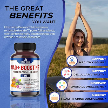 NAD+ Supplement 14,300mg with Nicotinamide Riboside NR, Trans Resveratrol, Quercetin - Support Cellular Energy, Longevity, Healthy Aging *USA made & tested* (90 Count (Pack of 1))