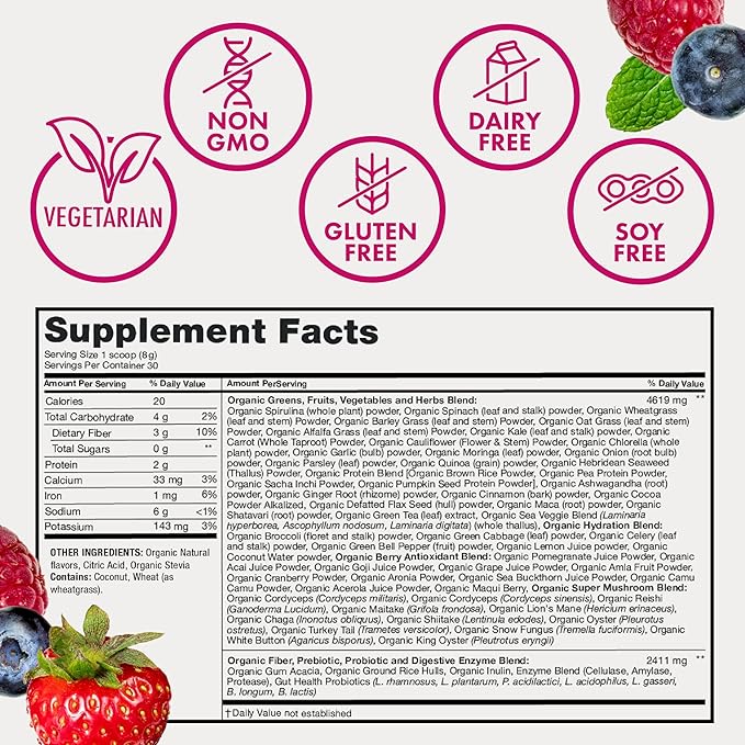 Zena Organic Super Greens Powder, 70+ Superfoods Drink Mix, 0 Sugar, 3G Fiber, Fruits, Veggies, Spirulina, Chlorella, Antioxidants, Pre & Probiotics, Digestive Enzymes, Mixed Berry Flavor, 30 Servings