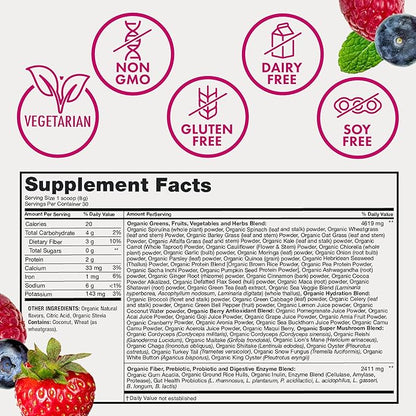 Zena Organic Super Greens Powder, 70+ Superfoods Drink Mix, 0 Sugar, 3G Fiber, Fruits, Veggies, Spirulina, Chlorella, Antioxidants, Pre & Probiotics, Digestive Enzymes, Mixed Berry Flavor, 30 Servings