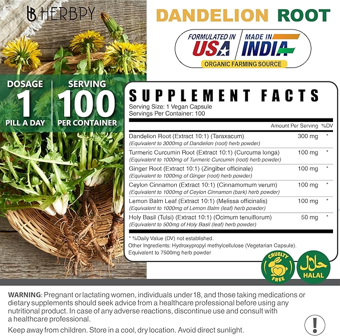 Dandelion Root Supplement 7500mg 6in1 100 Dandelion