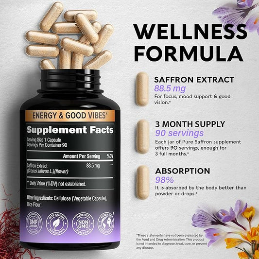 Natural Saffron Supplements 88.5 mg 90 Powder 3 Month