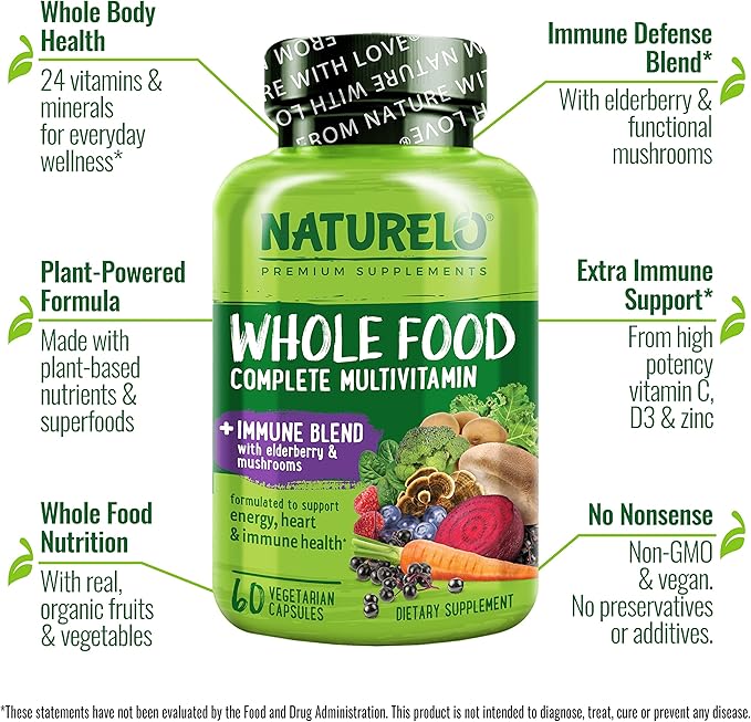 NATURELO Whole Food Multivitamin + Immune D3, Zinc, 60 Vegan
