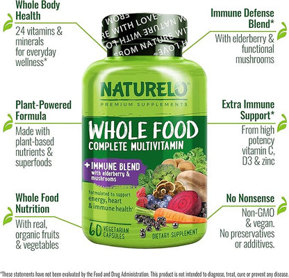 NATURELO Whole Food Multivitamin + Immune D3, Zinc, 60 Vegan