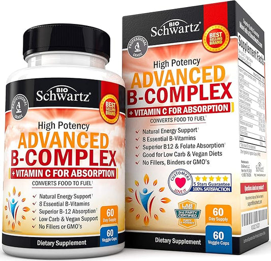 Vitamin B Complex with Vitamin C b12 & B1 B2 B2 B3 B3 B5 B5 B6 B6 B7 B7 B9 B9 for -60ct