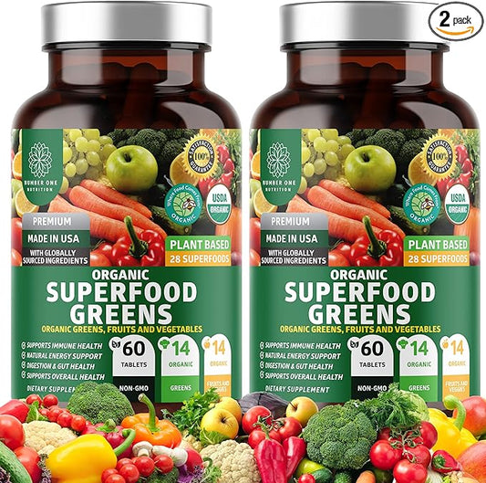2-Pack N1N Premium Organic Green Superfood, Fruits & Veggies [28 Powerful Ingredients] Natural Supplement with Alfalfa, Beet Root & Tart Cherry for Energy, Immunity, Digestion, Made in USA, 120 Ct