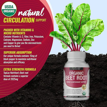 Organic Beet Root Powder Tablets - 2040mg Natural Nitric Oxide Beets to Support, Energy, Black Pepper Better Absorption, Non-GMO, for Men Women, 90 Tablets