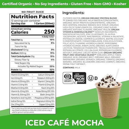 Orgain Organic Nutritional Protein Shake, Iced 16g Grass 20 Vitamins 11 Fl (12 Pack)