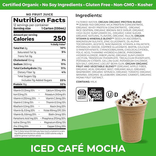 Orgain Organic Nutritional Protein Shake, Iced 16g Grass 20 Vitamins 11 Fl (12 Pack)