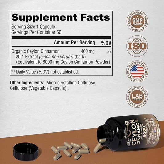 Ceylon Cinnamon Capsules 8000 mg, 20:1 Supplement 60 Vegan 2 Month