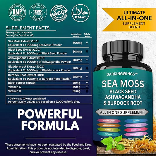 Sea Moss Advanced - Irish Sea Moss 3000mg Black Seed Oil 2000mg Ashwagandha 1000mg Bladderwrack 1000mg Burdock 1000mg Vitamins C&D - Sea Moss Overall Health, Immunity Support, 60 Sea Moss Capsules