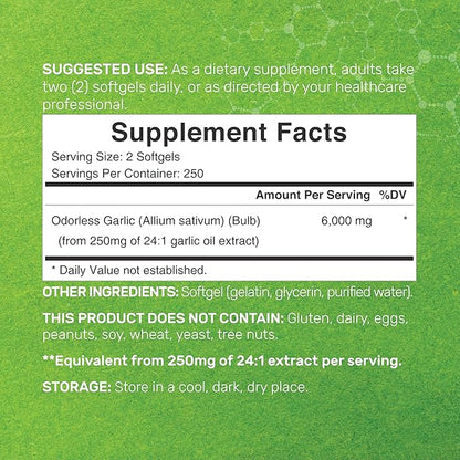 DEAL SUPPLEMENT Odorless Aged Garlic Pills, 6,000mg Per 500 Softgels 24:1 Garlic