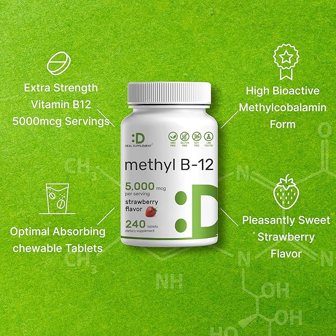 DEAL SUPPLEMENT Methyl B-12 Vitamins 5000 mcg, 240 Chewable Tablets | Active Form - Strawberry Flavored - Energy Support & Brain Health Function - Vegetarian & GMO Free
