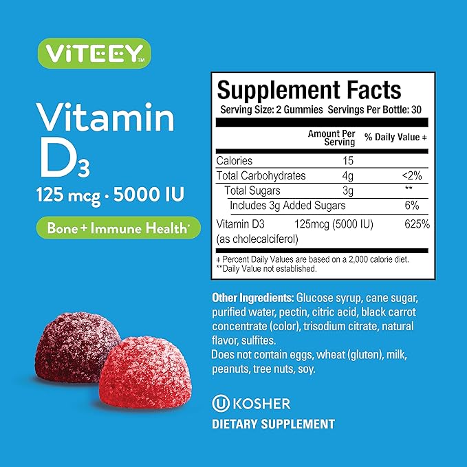 Vitamin D3 Gummies for Adults & Teens - 5,000 IU, 125mcg, Ultra Strength - Joint & Muscle Health, Immune Boost - Chewable Vitamin D Gummies - Vegetarian, Gelatin Free - Tasty Berry Flavored Gummy