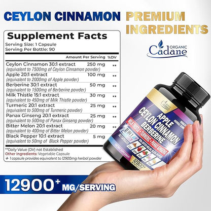 Organic Cadane Ceylon Cinnamon 7500mg Berberine 1500mg Apple 2000mg - 90 Vegan 8 Herbs 3 Month