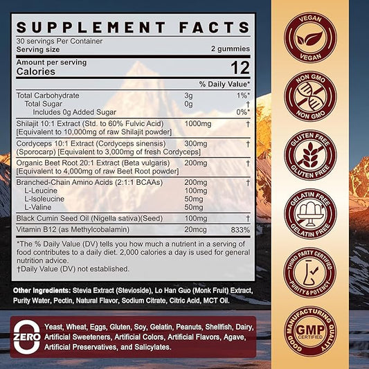 10,000mg Shilajit Gummies for Men & Women - Shilajit Pure Himalayan with Organic Beet Root, BCAA, Cordyceps Mushroom - 60% Fulvic Acid & 85+Trace Minerals Support Energy, Muscle, Immune & Brain, 1Pack