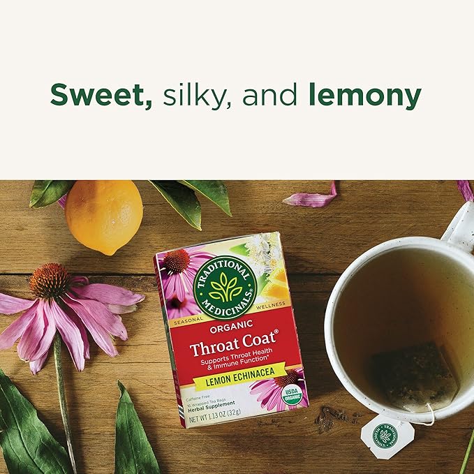 Traditional Medicinals Tea, Organic Throat Coat Lemon Echinacea, Supports Throat Health & Immune Function, 96 Tea Bags (3 Pack)