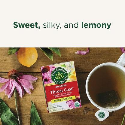 Traditional Medicinals Tea, Organic Throat Coat Lemon Echinacea, Supports Throat Health & Immune Function, 96 Tea Bags (3 Pack)