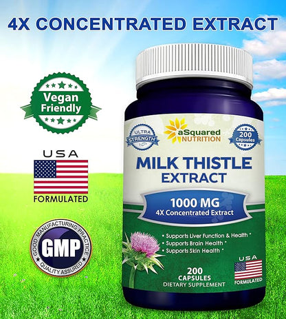 aSquared Nutrition Milk Thistle Supplement 1000mg-200 4X Concentrated 4:1 Milk 1000 mg