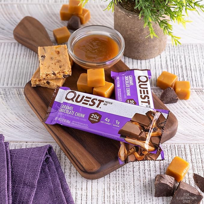 Quest Nutrition Caramel Chocolate Chunk Protein Bar, 20g Protein, 1g Sugar, 4g Net Carbs, Gluten Free, Keto Friendly, 12 Count