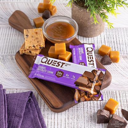 Quest Nutrition Caramel Chocolate Chunk Protein Bar, 20g Protein, 1g Sugar, 4g Net Carbs, Gluten Free, Keto Friendly, 12 Count