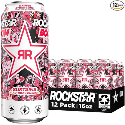 Rockstar, Boom Energy Drink with Caffeine and Taurine Packaging May Vary, Whipped Strawberry, 16 Fl Oz (Pack of 12)