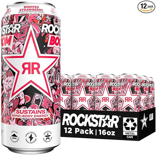 Rockstar, Boom Energy Drink with Caffeine and Taurine Packaging May Vary, Whipped Strawberry, 16 Fl Oz (Pack of 12)