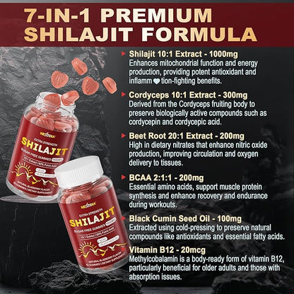 10,000mg Shilajit Gummies for Men & Women - Shilajit Pure Himalayan with Organic Beet Root, BCAA, Cordyceps Mushroom - 60% Fulvic Acid & 85+Trace Minerals Support Energy, Muscle, Immune & Brain, 1Pack
