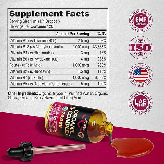 USDA Organic Vitamin B-Complex B5 Pantothenic Acid B12 Methylcobalamin B1 Thiamine B6 Pyridoxine B7 Biotin B9 Folic B3 Niacinamide 4fl oz