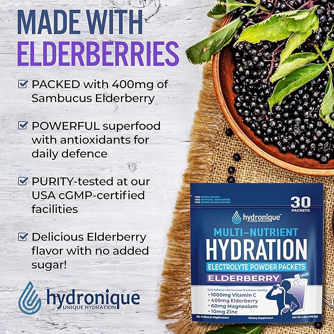 Hydronique Hydration Packets | Low Sodium Electrolytes Powder | 54mg Sodium | Vitamins, Minerals, Antioxidants | Elderberry Flavor (30 Packs)