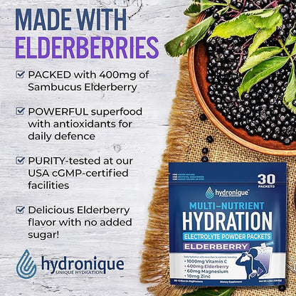 Hydronique Hydration Packets | Low Sodium Electrolytes Powder | 54mg Sodium | Vitamins, Minerals, Antioxidants | Elderberry Flavor (30 Packs)