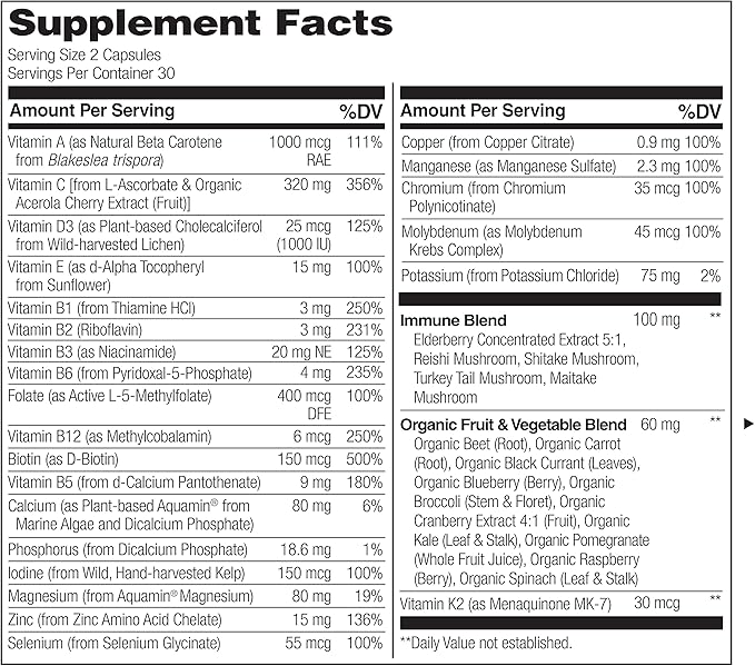 NATURELO Whole Food Multivitamin + Immune D3, Zinc, 60 Vegan