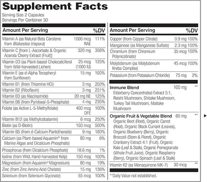 NATURELO Whole Food Multivitamin + Immune D3, Zinc, 60 Vegan