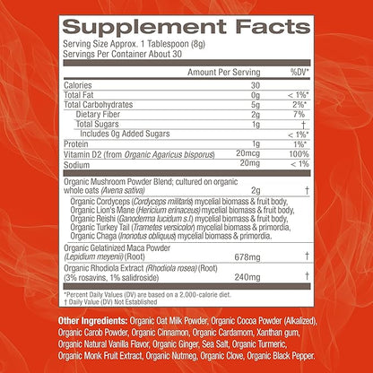 OM MUSHROOM SUPERFOOD Morning Energy Blend Mushroom Powder Drink, 8.47 Ounce Canister, Coffee Free Energy Drink with Cordyceps, Vitamin D2, Agaricus Bisporus, Lion's Mane, Rhodiola, and Turkey Tail